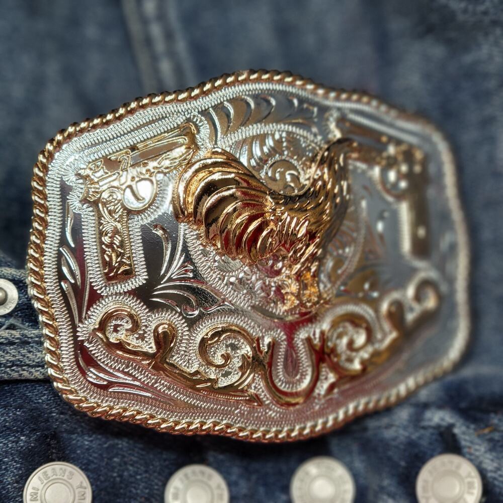Rooster Cowboy Belt Buckle Western HebillaSilver & Rosetone Faux 50 Peso